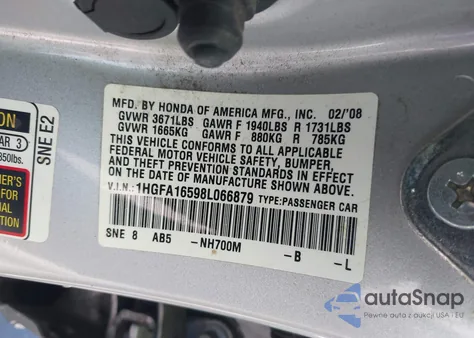 2008 Honda Civic Lx из США, поврежденный, VIN 1HGFA16598L066879